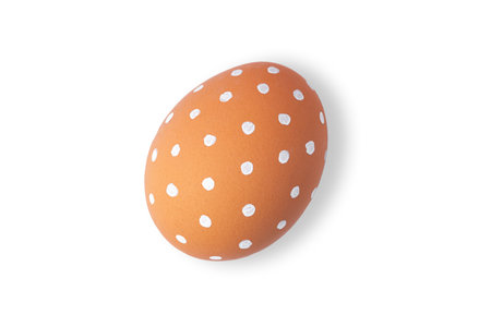 One Easter egg is a natural brown color with a minimalistic white pattern isolated on a white background.の写真素材