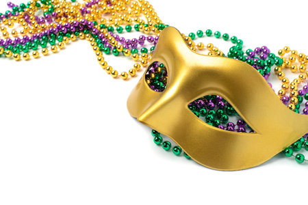 Mardi gras beads frame isolated on white backgroundの写真素材