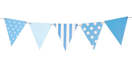 Festive garland of triangular paper blue flagsの写真素材