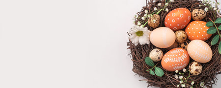 Easter nest with hand-painted eggs and quail eggs on a light background. A rustic spring composition with natural elements, fresh greenery and floral details.の写真素材
