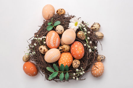 Easter nest with hand-painted eggs and quail eggs on a light background. A rustic spring composition with natural elements, fresh greenery and floral details.の写真素材