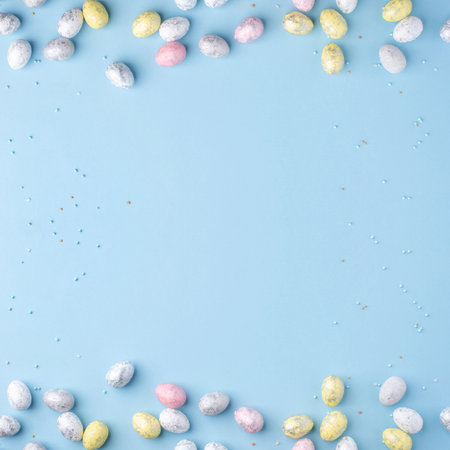 Festive Easter background. Multicolored Easter eggs on a blue table. Banner with a place for text. Top view.の写真素材