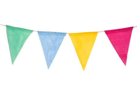 Festive garland of triangular multicolored flags isolated on a white backgroundの写真素材