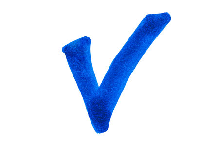 A hand-drawn blue checkmark on a white backgroundの写真素材