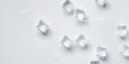 Melting ice cubes in a splash of water on a white backgroundの写真素材