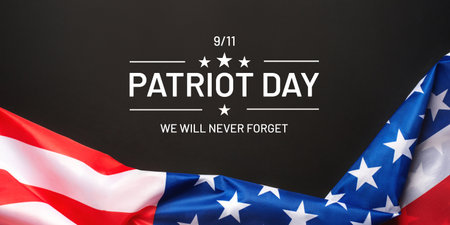 Blue background with American flag. Patriot day. Website banner and greeting card design template.の写真素材