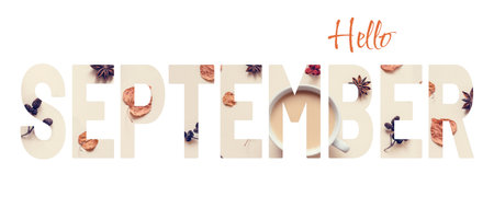 Autumn concept banner with a creative effect of cutting out the text Hello SEPTEMBER and dried leaves elementsの写真素材