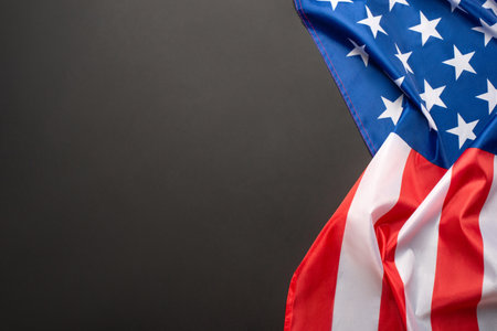 Black background with American flag. Independence day. Website banner and greeting card design template.の写真素材