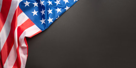 Black background with American flag. Independence day. Website banner and greeting card design template.の写真素材