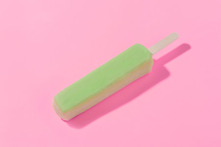 Mint ice cream on a stick on a pink backgroundの写真素材