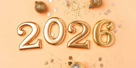 Golden 2026 on a peach color background with confetti and bokeh lights. Happy New Year concept. Top...
