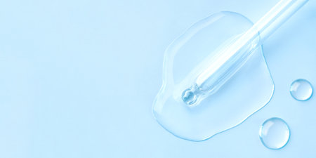 Drop of cosmetics and a pipette on a blue background. A product for skin, face or hair care.の写真素材