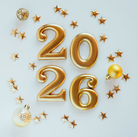 Happy New Year 2026. Golden numbers on a white backgroundの写真素材