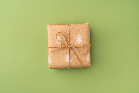 A Christmas gift wrapped in eco-friendly packaging on a green backgroundの写真素材