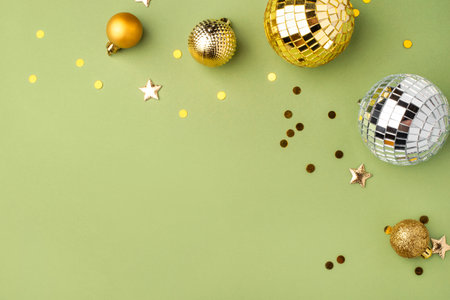 Festive Christmas gold ornaments on a green background.の写真素材