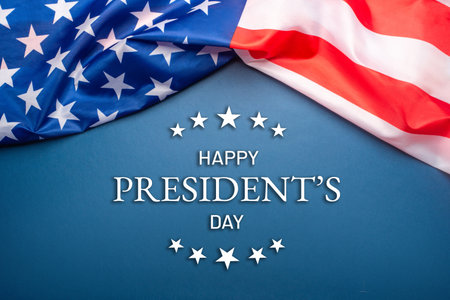 President's day. Blue background with American flag. Website banner and greeting card design template.の写真素材