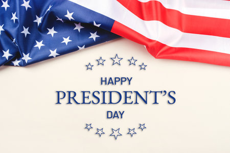President's day. Beige background with American flag. Website banner and greeting card design template.の写真素材