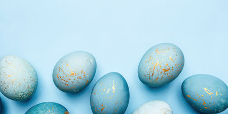 Easter background of eggs painted in blue color. Flat lay, top view.の写真素材