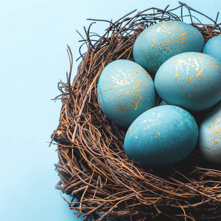 Nest with Easter eggs on a blue background. Flat lay, top view.の写真素材