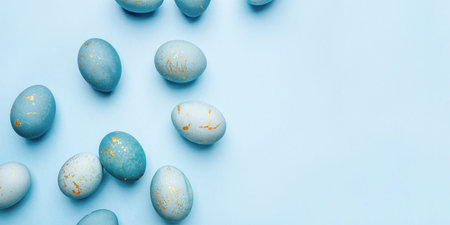 Easter background of eggs painted in blue color. Flat lay, top view.の写真素材