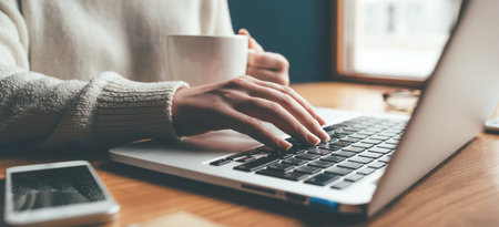Young woman working in home on her laptop computer. Remote work concept.