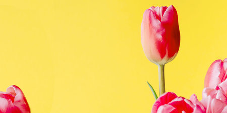 Fresh tulip flowers on a yellow background. Bright spring background.