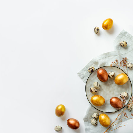 Golden and bronze Easter eggs in a grey plate on a linen napkin on a white background
