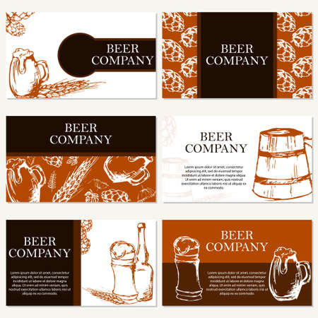 Set of six business cards. Beer company. Restaurant theme. Vector illustration.のイラスト素材