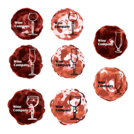 Set of logos for wine company. Design element with place for text. Wine icons on watercolors circles.のイラスト素材