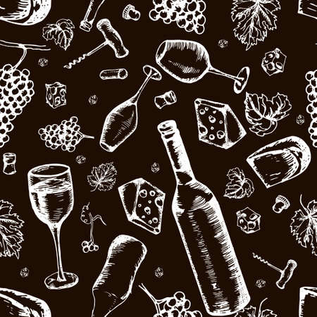 Wine seamless pattern. Vector texture in hand draw styleのイラスト素材