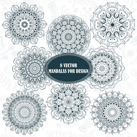 Set of abstract design element. Round mandalas in vector. Graphic template for your design. Decorative retro ornament. Hand drawn background with flowers.のイラスト素材