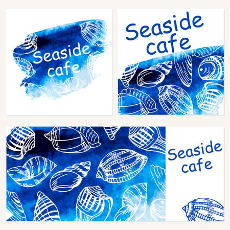Seafood menu design template. Vector sea watercolor background. Summer backdrop with shell elements.のイラスト素材