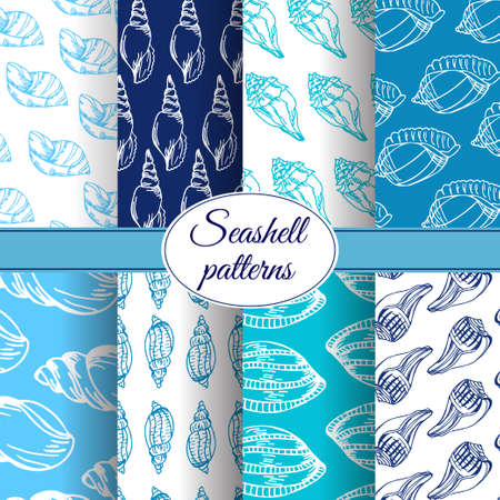 Set of vector sea patterns. Summer background with shell elements. Repeating print background texture.のイラスト素材