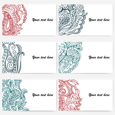 Set of six business cards. Vintage pattern in retro style with doodle.のイラスト素材