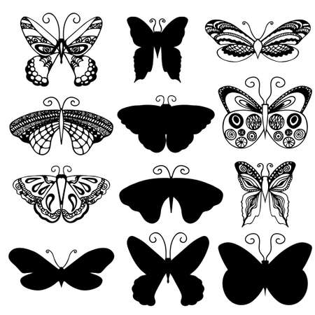 Butterflies design. Set of butterflies silhouettes in monochrome style for tattoo design. Vector objects.のイラスト素材