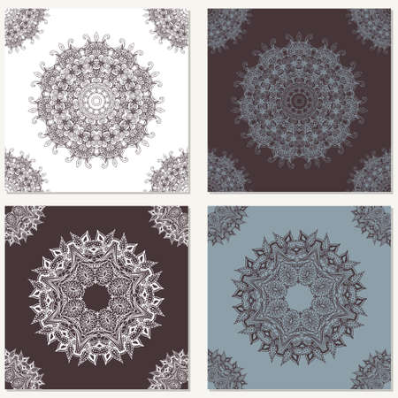 Set of vector abstract backgrounds with mandala elements. Decorative seamless. Vintage geometric textures. Lace pattern. Background for card, web design and etc.のイラスト素材