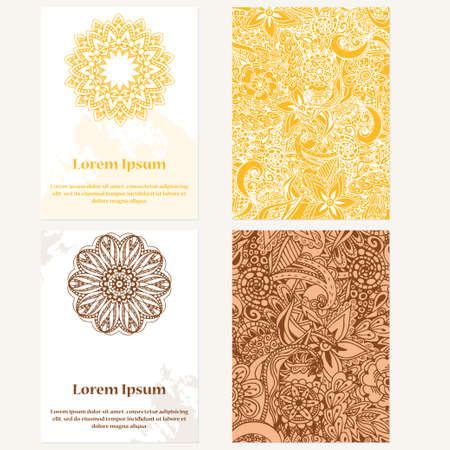 Set of design vertical template brochures. Hand drawn background with mandala. Can be used for yoga studio, invitation card or poster.のイラスト素材