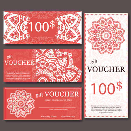 Gift voucher template with mandala. Design certificate for sport or yoga center, magazine or etc. Vector gift coupon with ornament on background.のイラスト素材