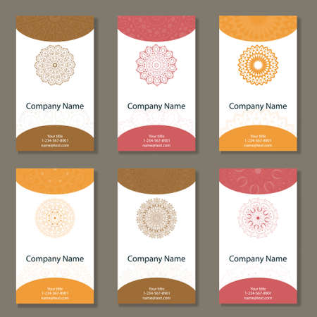 Set of six business cards. Vintage pattern in retro style with mandala. Hand drawn Islam, Arabic, Indian, lace patternのイラスト素材