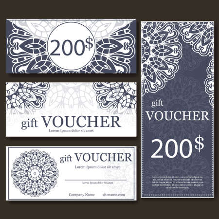 Gift voucher template with mandala. Design certificate for sport center, magazine or etc. Vector gift coupon with ornament on background.のイラスト素材