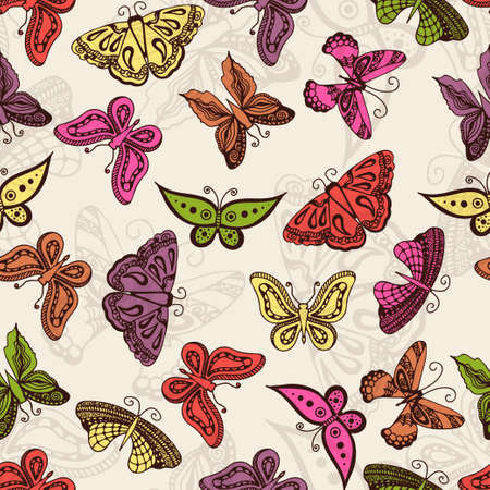 Butterflies silhouettes in hand-drawn style for tattoo design. Vector decorative doodle seamless.のイラスト素材