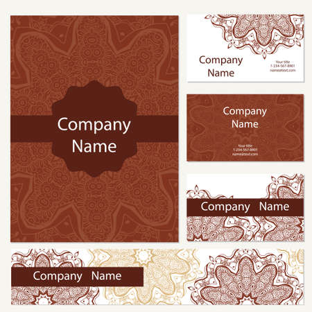 Business cards collection. Ornament for your design with lace mandala. Vector background. Indian, Arabic, Islam motifs.のイラスト素材