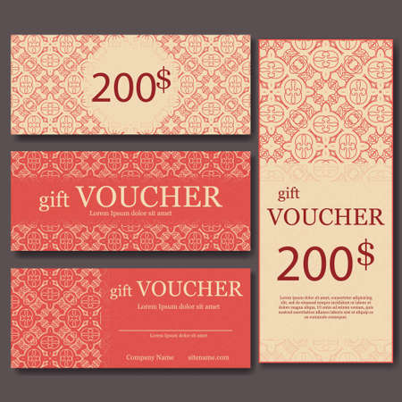 Gift voucher template with mandala. Design certificate for sport center, magazine or etc. Vector gift coupon with ornament on background.のイラスト素材