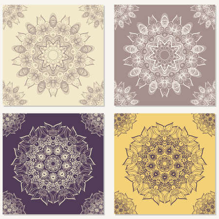 Set of vector abstract backgrounds with mandala elements. Decorative seamless. Vintage geometric textures. Lace pattern. Background for card, web design and etc.のイラスト素材