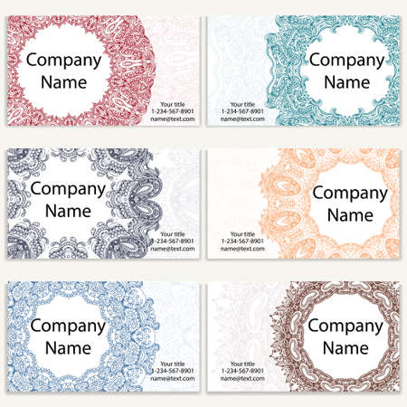 Set of six business cards. Vintage pattern in retro style with mandala. Hand drawn Islam, Arabic, Indian, lace patternのイラスト素材