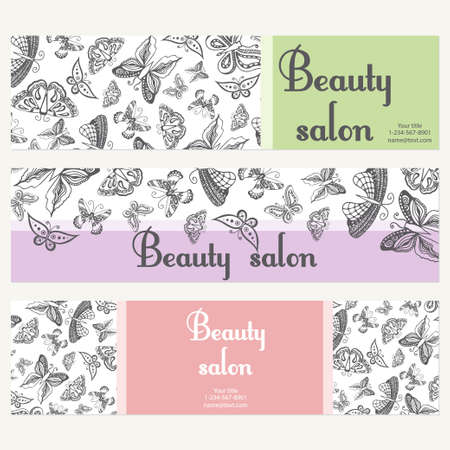 Set of beauty salon banners with butterfly. Card template can be used for spa center, yoga or fitness class, cosmetic concept. Vector illustrationのイラスト素材