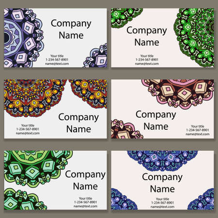 Set of six business cards. Vintage pattern in retro style with mandala. Hand drawn Islam, Arabic, Indian, lace patternのイラスト素材