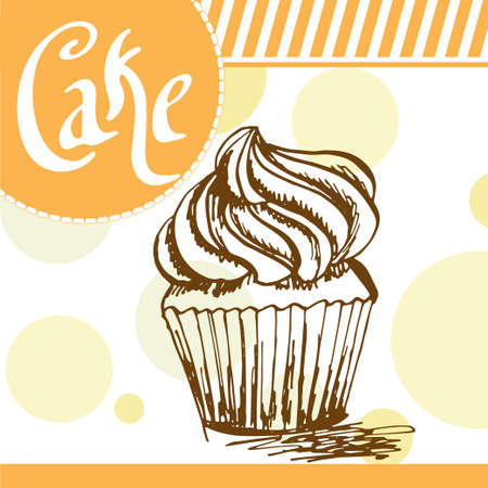 Vector poster with hand-drawn cake. Delicious food. Decorative background with typography element. Beautiful cardのイラスト素材