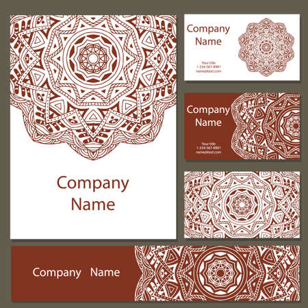 Cards design set. Mandala and doodle background. Decorative elements for poster, invitation. Oriental templates with place for textのイラスト素材