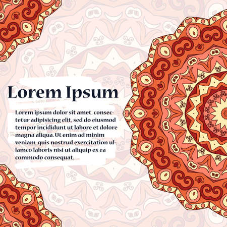 Retro hand-drawn card with mandala. Vintage background with place for text. Can be used for invitation, banner, others cards.のイラスト素材